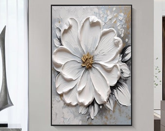 Large White Flower Oil Painting,Flower Textured Canvas Wall Art,3D White Flower Wall Art,Knife Flower Acrylic Painting,Floral Wall Decor