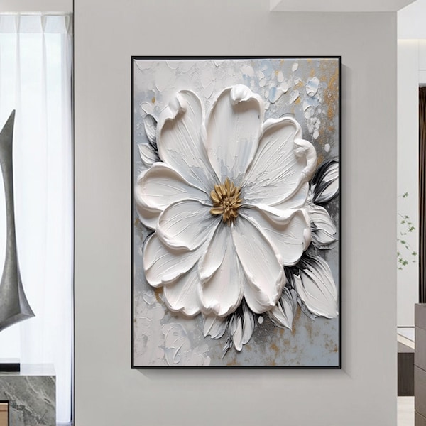 Große weiße Blume Ölgemälde, Blumen strukturierte Leinwand Wandkunst, 3D weiße Blume Wandkunst, Messer Blume Acrylmalerei, Blumenwanddekor