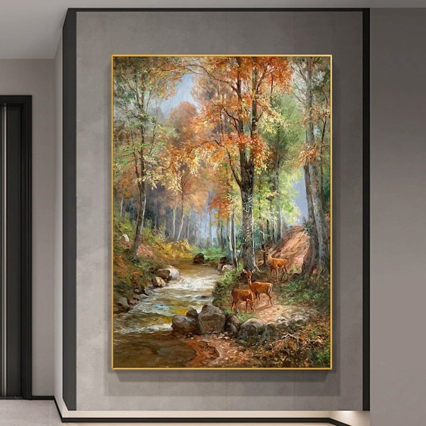 Pittura a olio originale con ruscello e paesaggio forestale su tela, pittura con cervi animali in stile vintage, pittura di paesaggio naturale, regalo di arredamento rustico