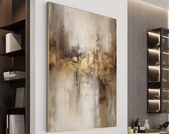 Groot beige goudbruin abstract schilderij, origineel goudbruin abstract schilderij voor woonkamer, Wabi-Sabi schilderij, kantoor wanddecoratie