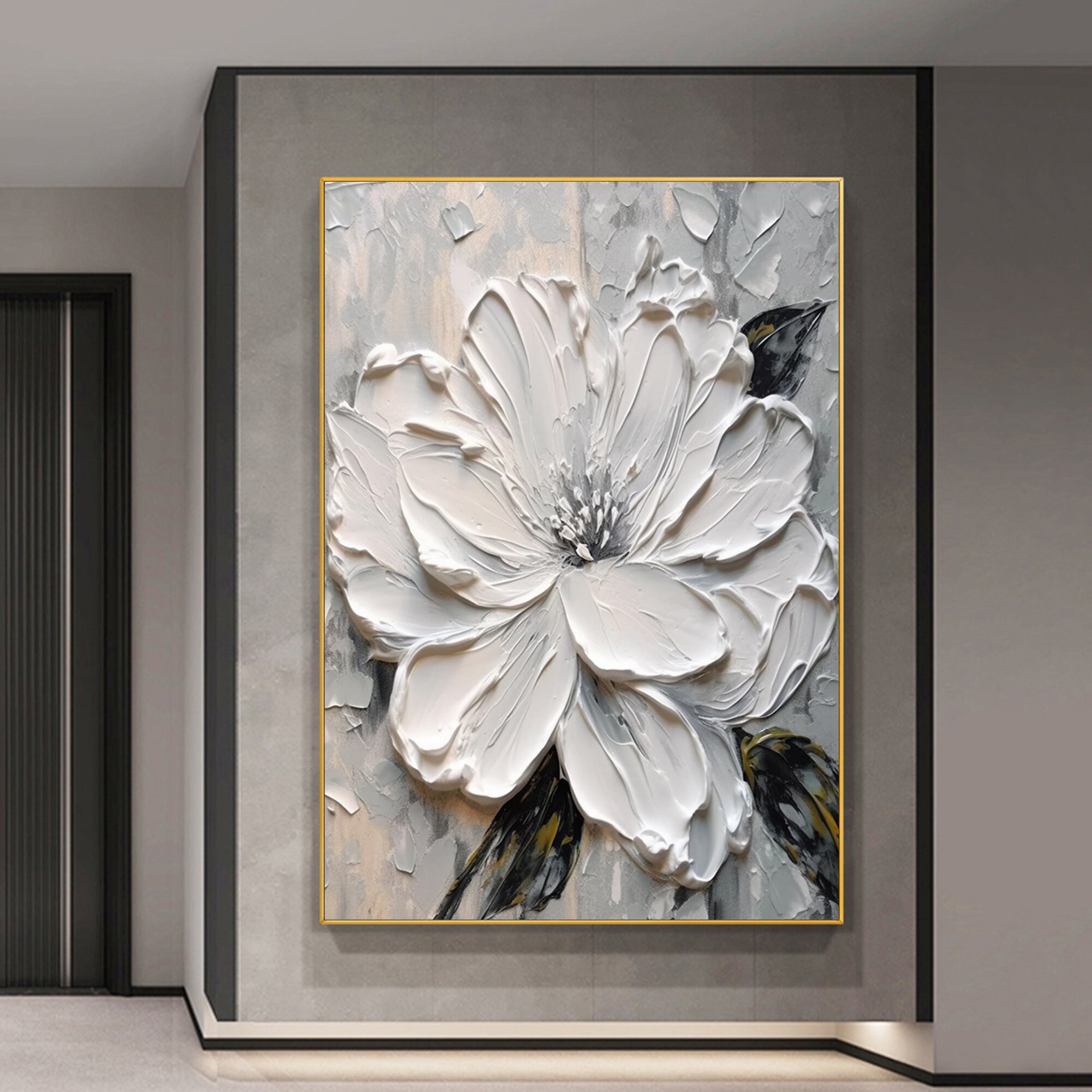 Large 3D White Flowers Oil Painting,3d Flower Canvas Wall Art,original
