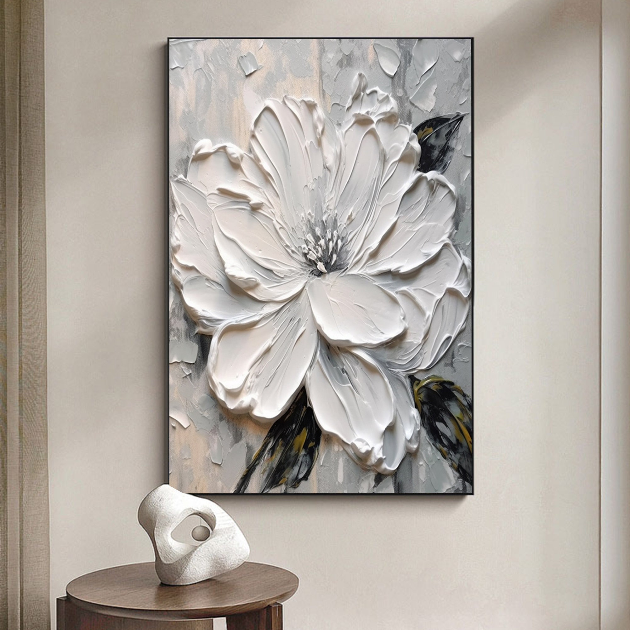 Large 3D White Flowers Oil Painting,3d Flower Canvas Wall Art,original