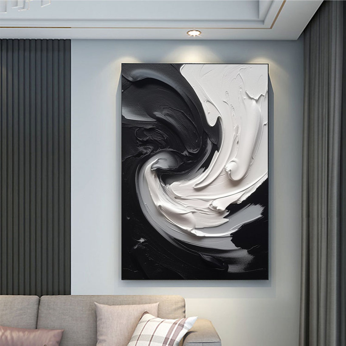 Large Abstract Black and White Painting,black White Abstract Wall Art ...