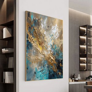 Large Gold and Blue Abstract Painting,heavy Textured Wall Art,3d Gold ...