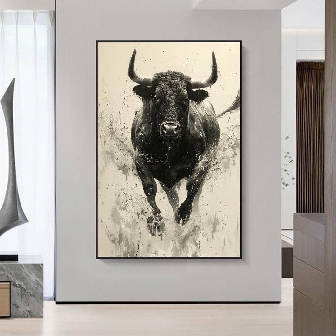 Large Abstract Black Bull Oil Painting,running Black Bull Abstract Wall ...