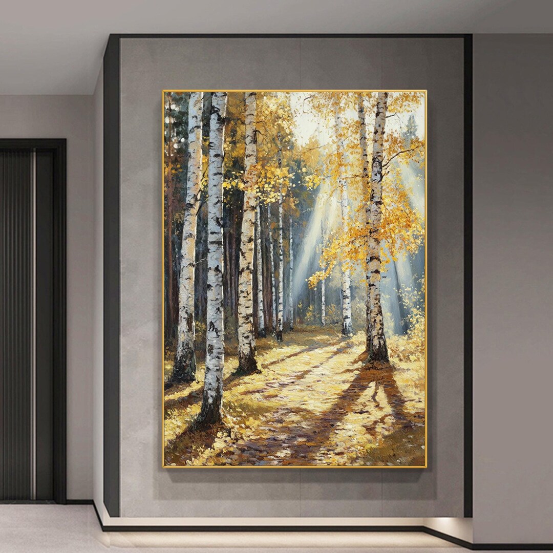 Large Abstract Birch Forest Painting,golden Autumn Birch Tree Canvas ...