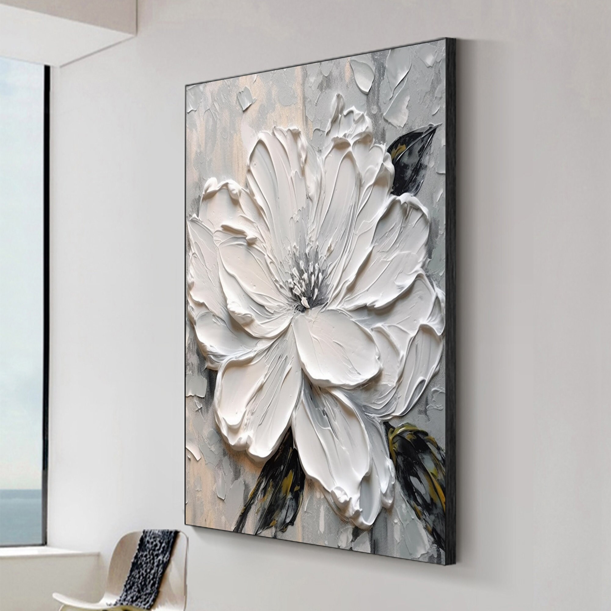 Large 3D White Flowers Oil Painting,3d Flower Canvas Wall Art,original
