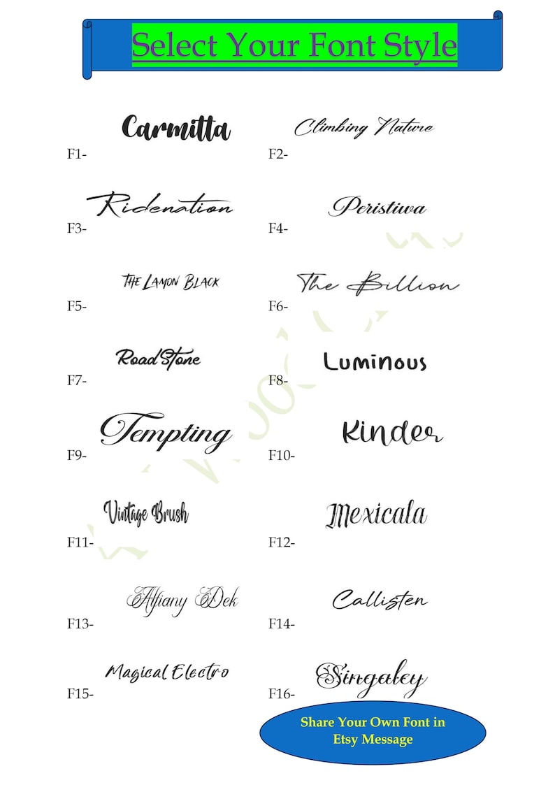 K&ouml;nnte beinhalten: Grafik mit verschiedenen Schriftarten, darunter "Carmitta", "Ridenation" und "Tempting". Das Bild zeigt ein blaues Banner mit dem Text "Select Your Font Style" und dem Hinweis "Share Your Own Font in Etsy Message".