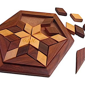 Personalized Rosewood Hexagon Puzzle: 3D Brain Teaser, Educational Gift, Jigsaw Tetris puzzle, Birthday Gifts, Mother&#39;s day Gifts