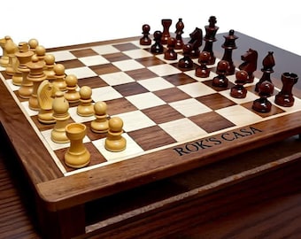 Personalisiertes magnetisches Schachset aus Holz mit Aufbewahrungsbox, handgemachtes quadratisches Schachbrett aus Palisander und Ahornholz, Geburtstagsgeschenk für Kinder.