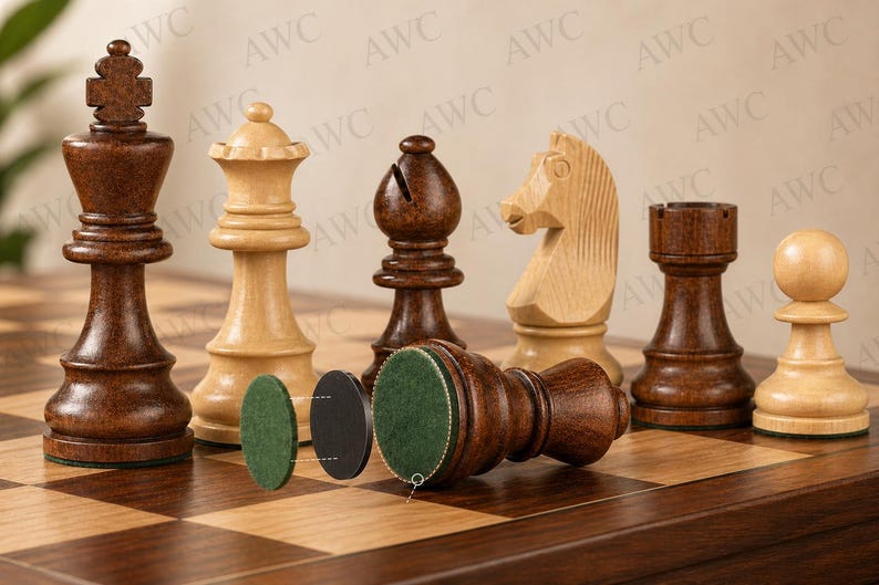 K&ouml;nnte beinhalten: Ein Schachspiel aus Holz mit Figuren in verschiedenen Braun- und Beiget&ouml;nen. Die Figuren umfassen einen K&ouml;nig, eine Dame, einen L&auml;ufer, einen Springer, einen Turm und einen Bauern, angeordnet auf einem karierten Holzbrett. Der K&ouml;nig ist dunkelbraun, und die Dame ist hellbeige.