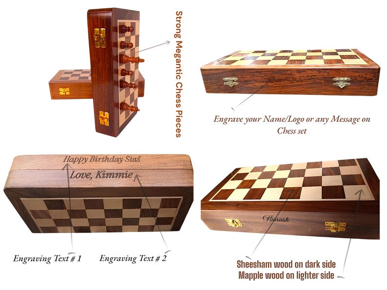 K&ouml;nnte beinhalten: Ein Schachspiel aus Holz mit dunkelbraunem &Auml;u&szlig;eren und einer hellbraunen und dunkelbraunen karierten Spielfl&auml;che. Das Set enth&auml;lt Schachfiguren und eine Box mit dem Text "Happy Birthday Stas Love, Kimmie" auf dem Deckel graviert.