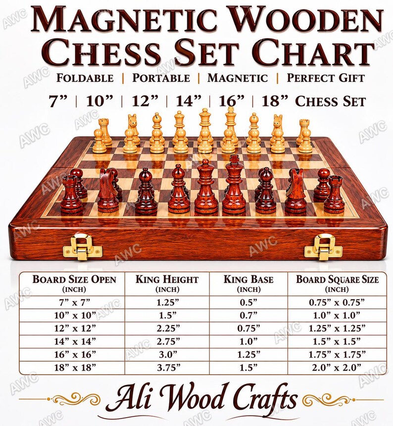K&ouml;nnte beinhalten: Ein magnetisches Schachspiel aus Holz mit dunklem Holzfinish, mit einem Schachbrett mit hellen und dunklen Feldern und Schachfiguren in kontrastierenden Farben. Das Set ist faltbar und tragbar, mit Gr&ouml;&szlig;en von 17,78 cm x 17,78 cm bis 45,72 cm x 45,72 cm. Der Text "MAGNETIC WOODEN CHESS SET CHART" steht oben.