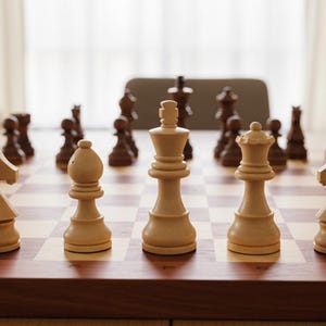 K&ouml;nnte beinhalten: Ein Schachspiel mit hellen und dunklen Holzfiguren auf einem Schachbrett. Die Figuren sind f&uuml;r ein Spiel angeordnet, mit hellen und dunklen Figuren, die sich gegen&uuml;berstehen. Die Figuren umfassen Bauern, T&uuml;rme, Springer, L&auml;ufer, eine Dame und einen K&ouml;nig.