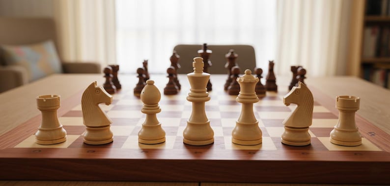 K&ouml;nnte beinhalten: Ein Schachspiel mit hellen und dunklen Holzfiguren auf einem Schachbrett. Die Figuren sind f&uuml;r ein Spiel angeordnet, mit hellen und dunklen Figuren, die sich gegen&uuml;berstehen. Die Figuren umfassen Bauern, T&uuml;rme, Springer, L&auml;ufer, eine Dame und einen K&ouml;nig.