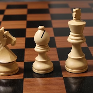 K&ouml;nnte beinhalten: Nahaufnahme eines Schachspiels mit hellfarbigen Figuren auf einem braun-schwarz karierten Brett. Die Figuren umfassen einen Turm, einen Springer, einen L&auml;ufer, einen K&ouml;nig und eine Dame. Das Brett ist aus Holz.