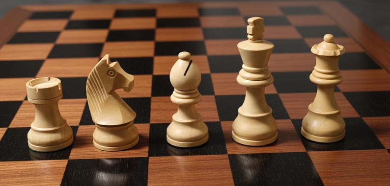 K&ouml;nnte beinhalten: Nahaufnahme eines Schachspiels mit hellfarbigen Figuren auf einem braun-schwarz karierten Brett. Die Figuren umfassen einen Turm, einen Springer, einen L&auml;ufer, einen K&ouml;nig und eine Dame. Das Brett ist aus Holz.