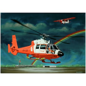 May include: A red and white helicopter with the registration PH-SSK is flying over a runway. A small plane is flying in the background. A rainbow is visible in the sky.
