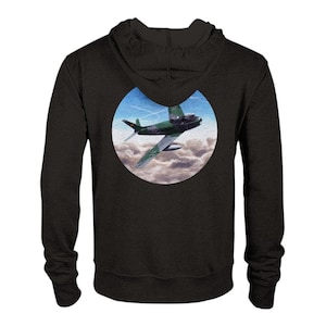 May include: Black hooded sweatshirt with a graphic of a green and gray airplane flying over clouds. The airplane has the text "BF105" on the side.