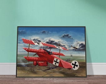 May include: A framed painting of a bright red Fokker Dr.I triplane in flight against a cloudy blue sky. The aircraft features black iron cross insignias on the wings and fuselage, with the text Fokker Dr.I 425 visible on the side of the plane.