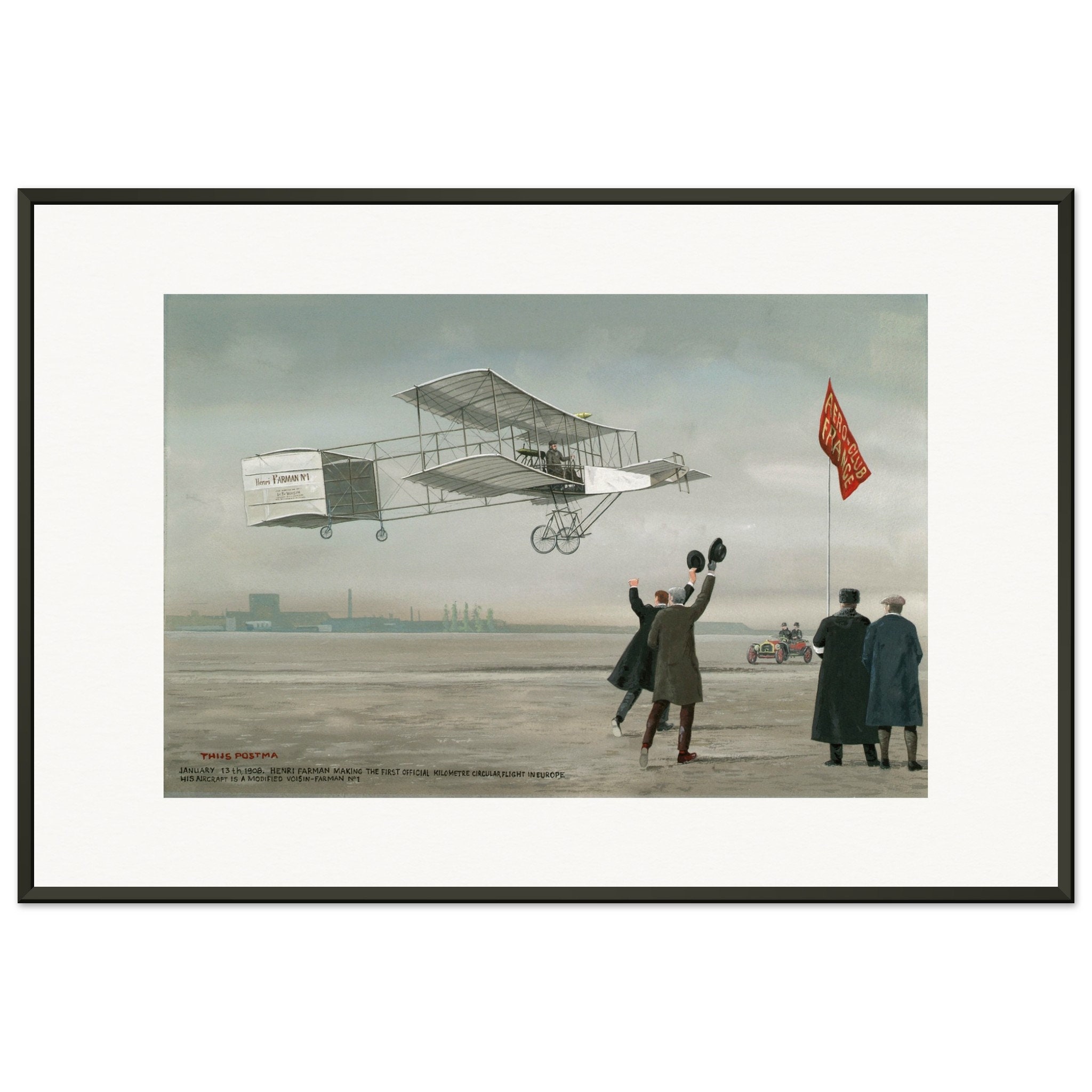 Thijs Postma - Poster - Farman No.1 Erstflug von einem Kilometer über Europa - Metallrahmen