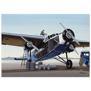 May include: A blue and black aeroplane with the words "Pelikaan" and "Royal Dutch Airlines" on the side. The aeroplane is on the ground and is being serviced by a worker on the wing and a woman standing nearby.