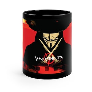 V For Vendetta Mug in Black Ceramic 11 Oz, for Cinema Lovers, Cult Film Mug V for Vendetta
