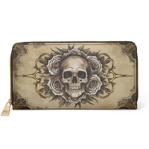 Cartera Artística Retro con Calaveras y Rosas de Piel Sintética, Cartera para Mujer con Cremallera, Accesorio de Piel Sintética Elegancia Libre de Crueldad
