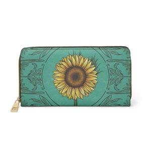 Damen-Geldbörse mit Vintage-Blumenmuster und Sonnenblume, nachhaltiges, tierversuchsfreies Kunstleder, künstlerisches Design, goldene Nähte, perfektes Geschenk