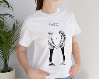 T-Shirt Essential Bonds Maglietta Bianca Unisex con Silhouette di Due Innamorati, Cuoricino Centrale, 100% Cotone