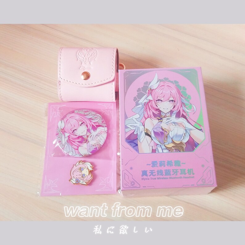 Honkai Impact 3rd Elysia Earbuds + Enamel Pin, Copper Bookmark with Chain Gift Set