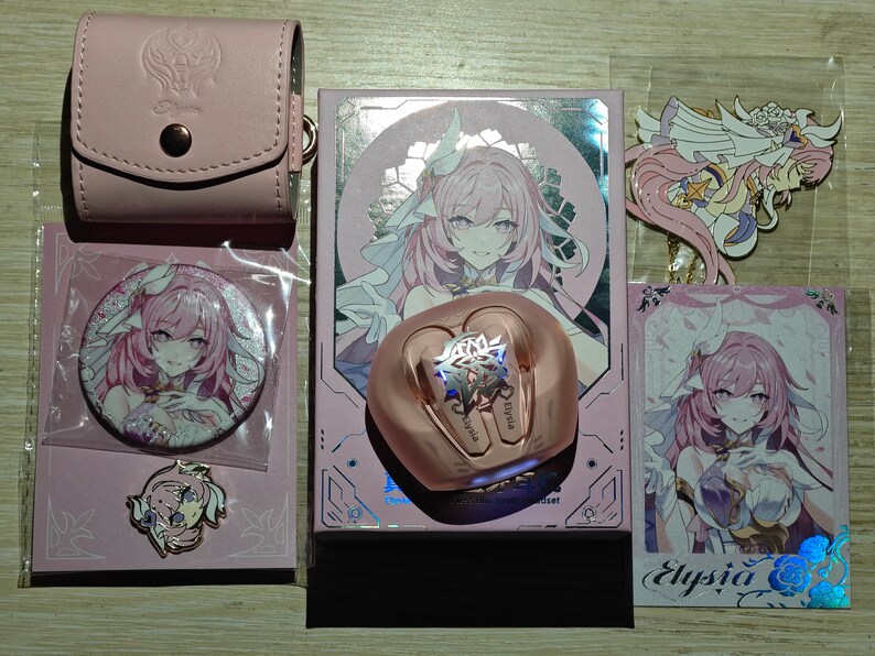 Honkai Impact 3rd Elysia Earbuds + Enamel Pin, Copper Bookmark with Chain Gift Set