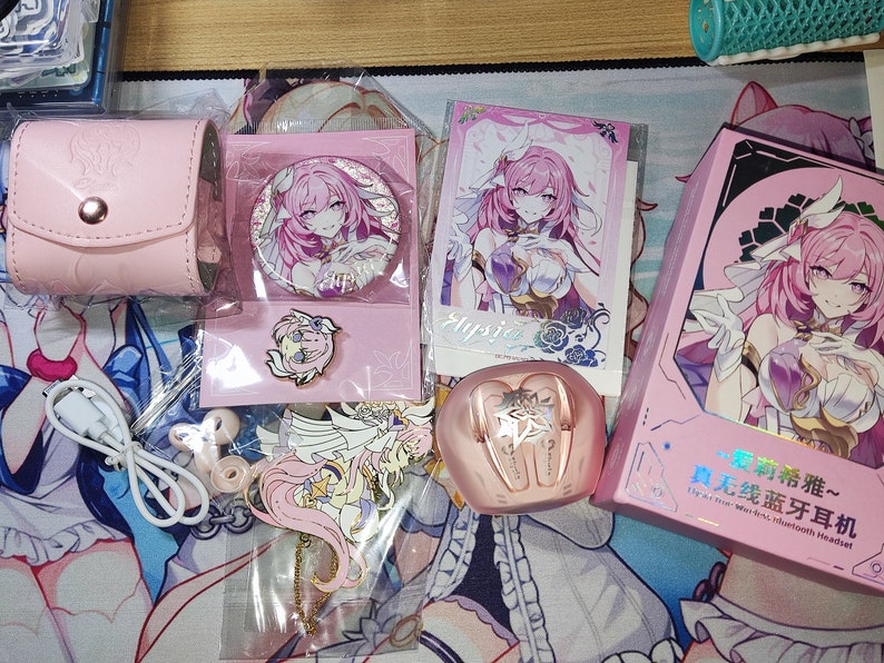 Honkai Impact 3rd Elysia Earbuds + Enamel Pin, Copper Bookmark with Chain Gift Set