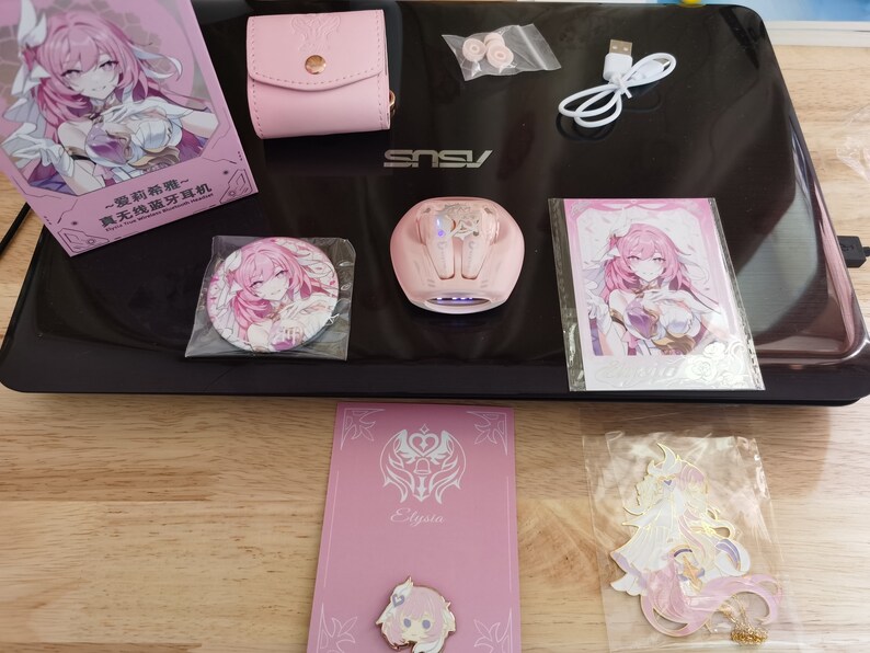 Honkai Impact 3rd Elysia Earbuds + Enamel Pin, Copper Bookmark with Chain Gift Set