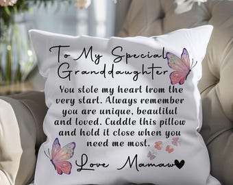 Granddaughter Butterfly Pillow From Mamaw, Sentimental Gift from Grandma, Hug-in Cuddle Cushion, Thoughtful Gifts