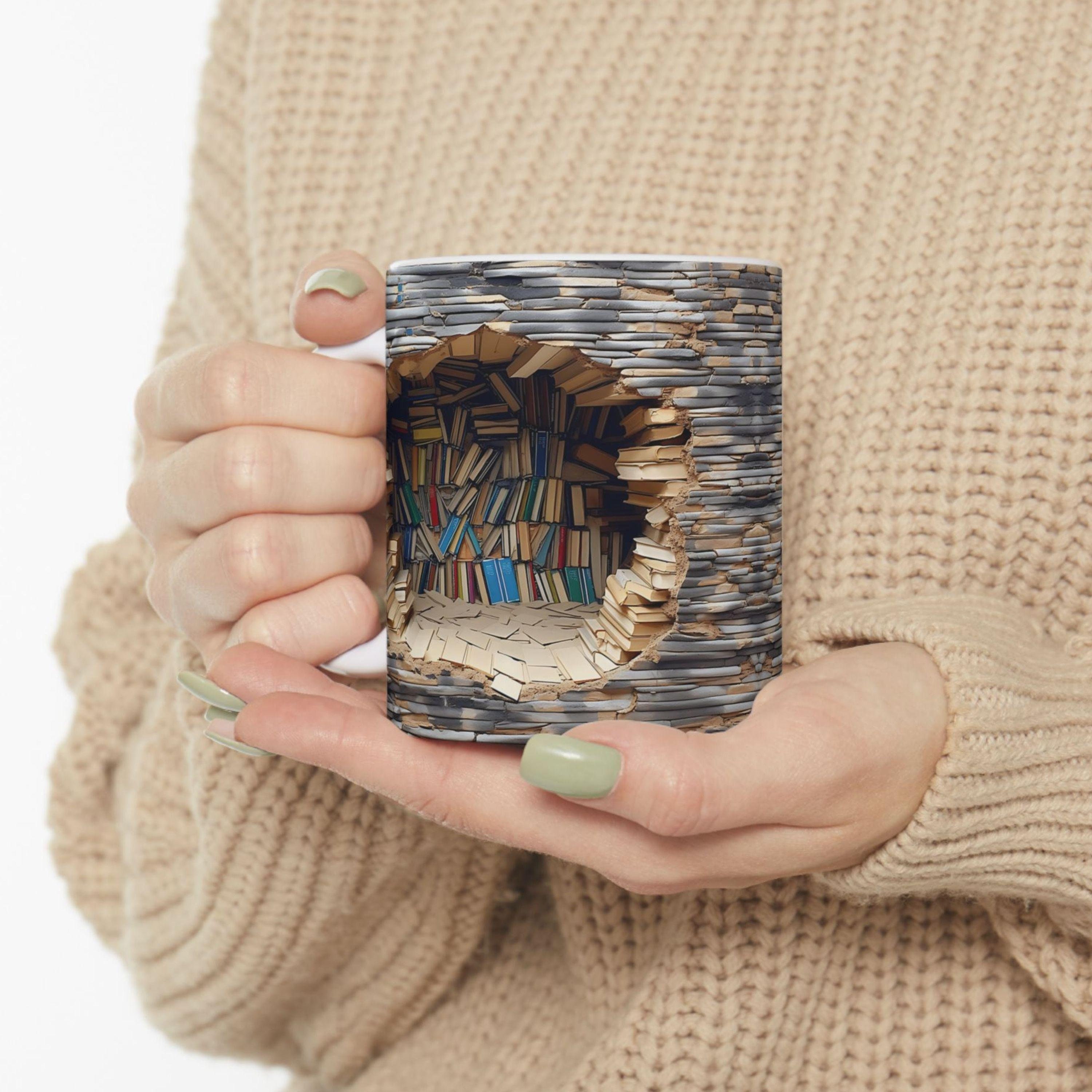 Bookshelf Reader Mug: 3D Effect Look Book Lover Coffee Cup, Librarian Gift, Novelty Gift