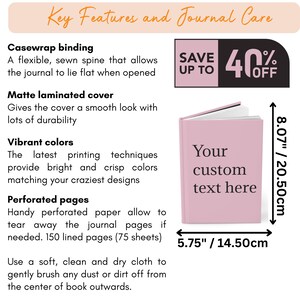 May include: A pink journal with the text "Your custom text here" on the cover. The journal is 8.07 inches tall and 5.75 inches wide. It features a matte laminated cover and perforated pages. Save up to 40% off.