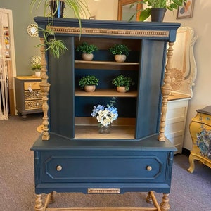 Blue repurposed hutch/ Vintage furniture/ Upcycled Credenza