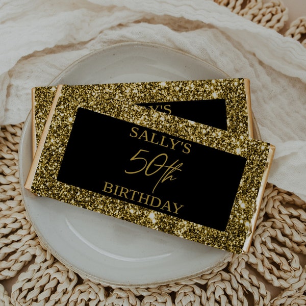 Birthday Chocolate Bar Template, Digital Chocolate Bar Wrapper Template, Editable Template, Gold Glitter and Black, Instant Download