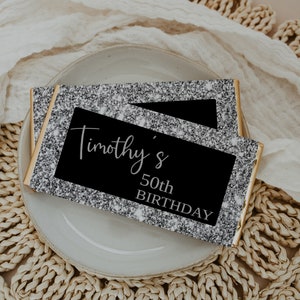 Birthday Chocolate Bar Template, Digital Chocolate Bar Wrapper Template, Editable Template, Gold Glitter and Black, Instant Download