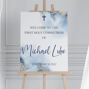 Boys First Holy Communion Welcome Sign Template, Blue Watercolour Poster, Digital Sign Template, Editable Template, Instant Download