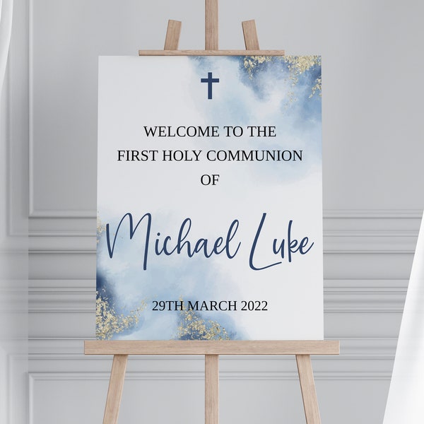 Modèle de panneau de bienvenue première communion pour garçons, affiche aquarelle bleue, modèle de panneau numérique, modèle modifiable, téléchargement immédiat