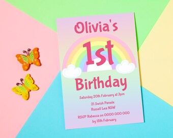 May include: A pink and purple birthday invitation featuring a rainbow and clouds. The invitation reads "Olivia's 1st Birthday" and includes the date, time, address, and RSVP details.