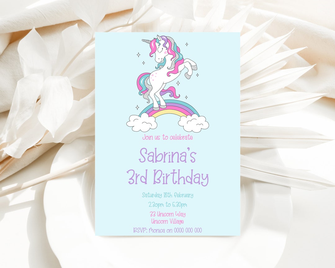 Girls Unicorn Birthday Invitation, Birthday Invitation, Digital