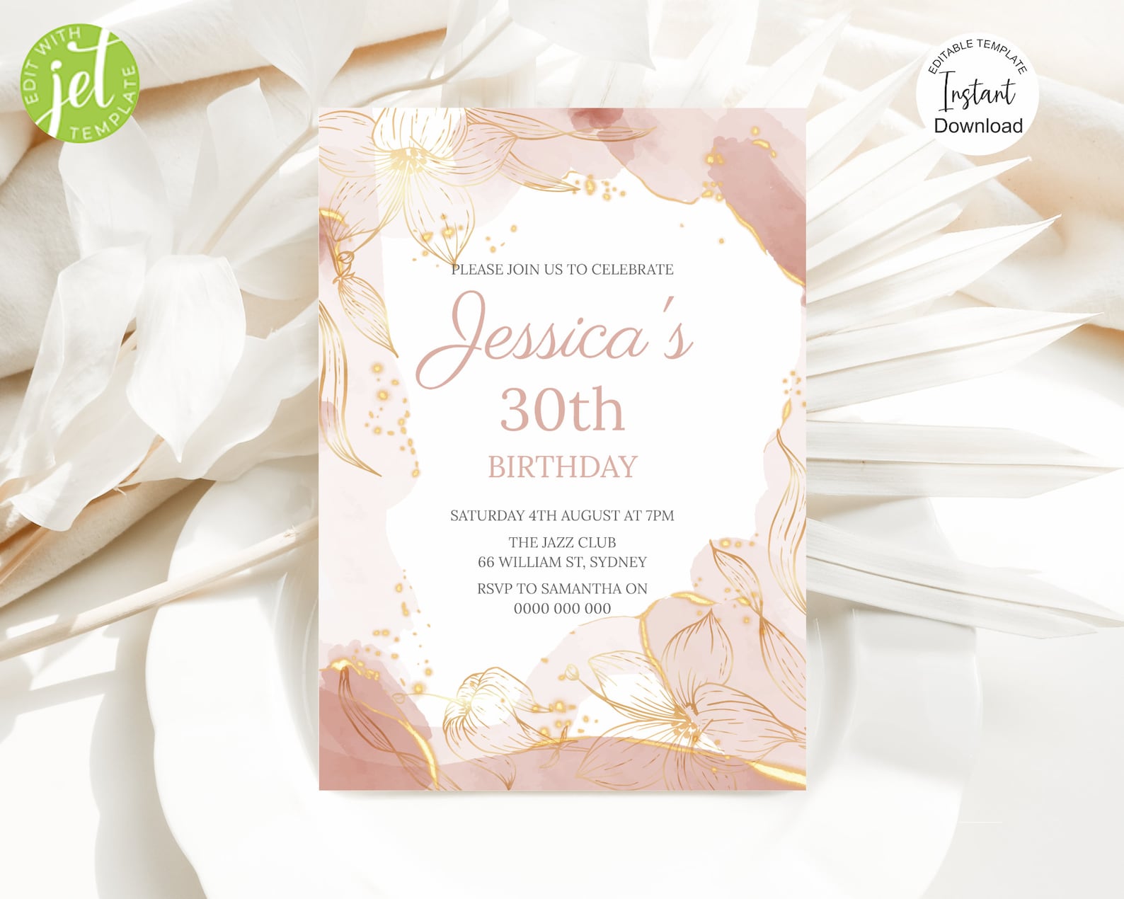 Pink and Gold Birthday Invitation, Digital Party Invite, Digital ...
