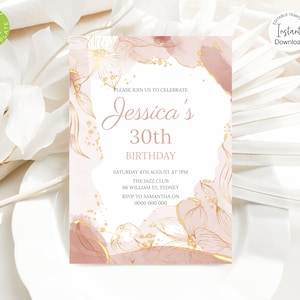 Pink and Gold Birthday Invitation, Digital Party Invite, Digital Invitation Template, Editable, Instant Download, Printable