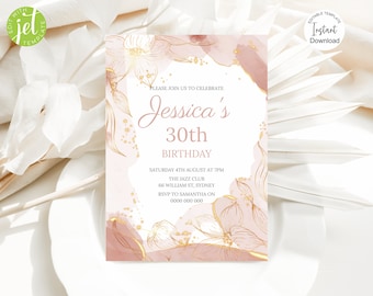 May include: A pink and gold birthday invitation with floral designs. The invitation reads "Please join us to celebrate Jessica's 30th Birthday. Saturday 4th August at 7pm. The Jazz Club, 66 William St, Sydney. RSVP to Samantha on 0000 000 000."