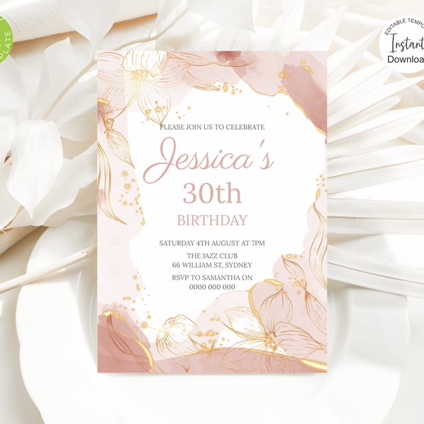 Pink and Gold Birthday Invitation, Digital Party Invite, Digital Invitation Template, Editable, Instant Download, Printable
