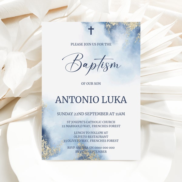 Boys Baptism Invitation, Blue Invitation Template, Digital Invitation, Editable, Instant Download, Printable