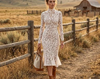 White Lace Midi Dress, High Neck Long Sleeve Dress, High Waist Bodycon Dress, Elegant Knit Party Dress, Fitted Winter Dress for Women